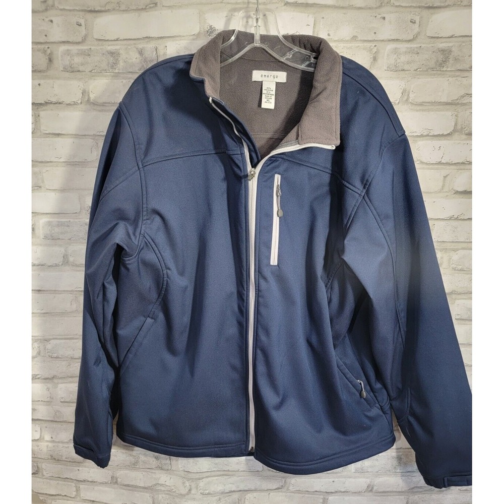 Emerge Men XL Navy Blue Gray Fleece Lined Jacket Rain Zipped Pockets Breast Hand
